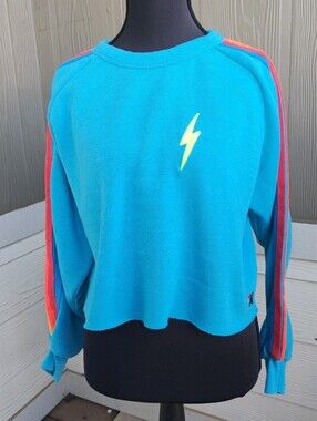 Aviator Nation Bolt Cropped Classic Crewneck Neon Rainbow Stripe M